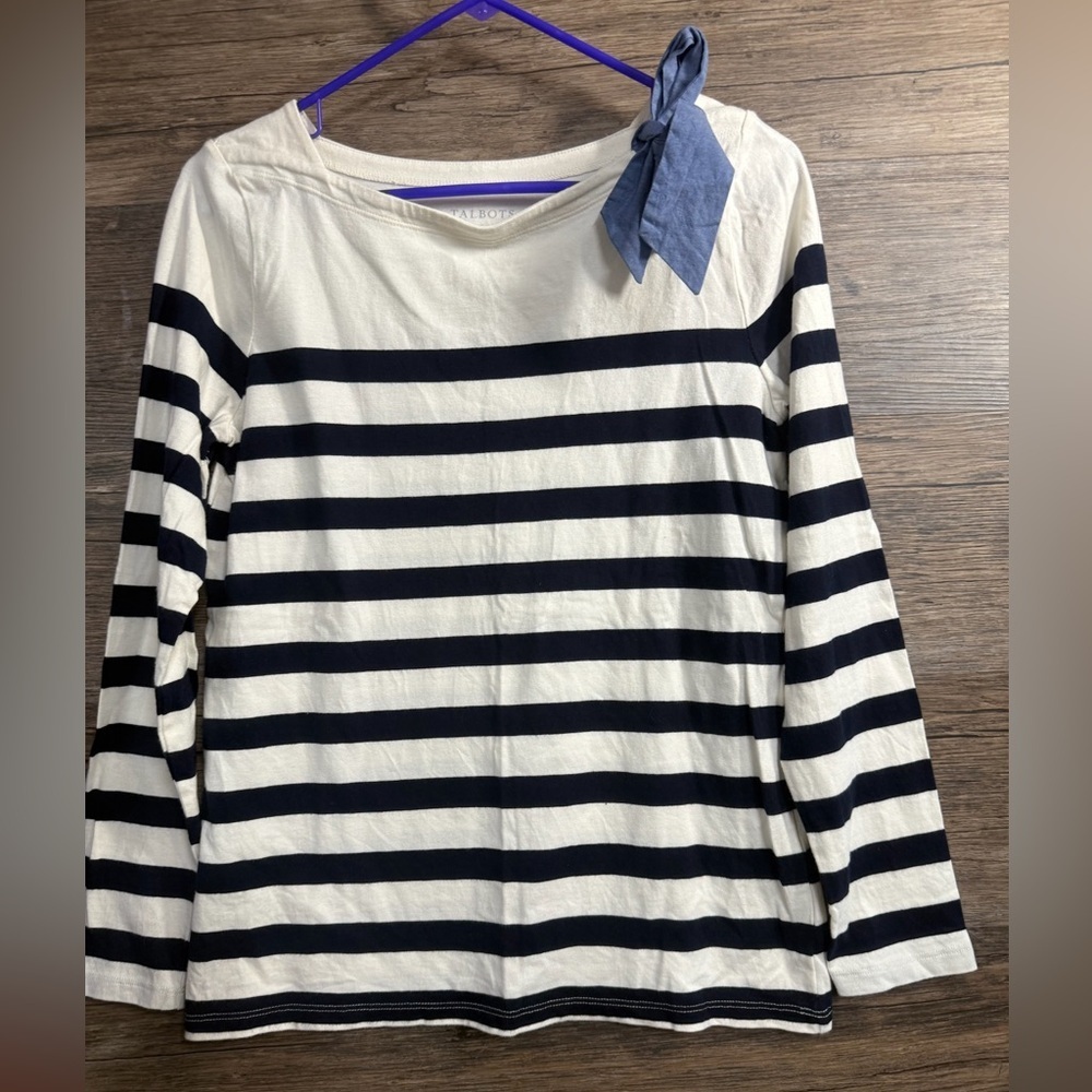 Talbots‎ White Striped Top with Denim Bow